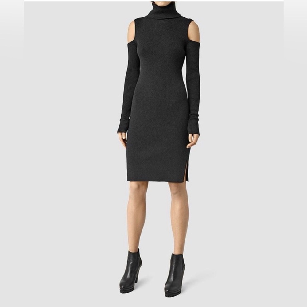 ALLSAINTS GRAY BERNT OPEN SHOULDER RIBBED KNIT SWEATER DRESS S/6 ROCKER EDGY